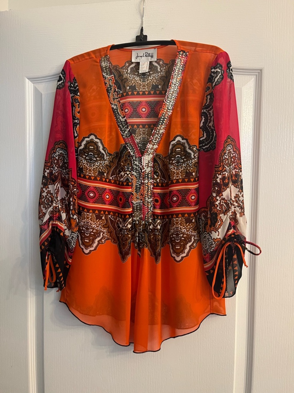 Joseph Ribkoff Orange and Pink Sequined V-Neck Blouse
